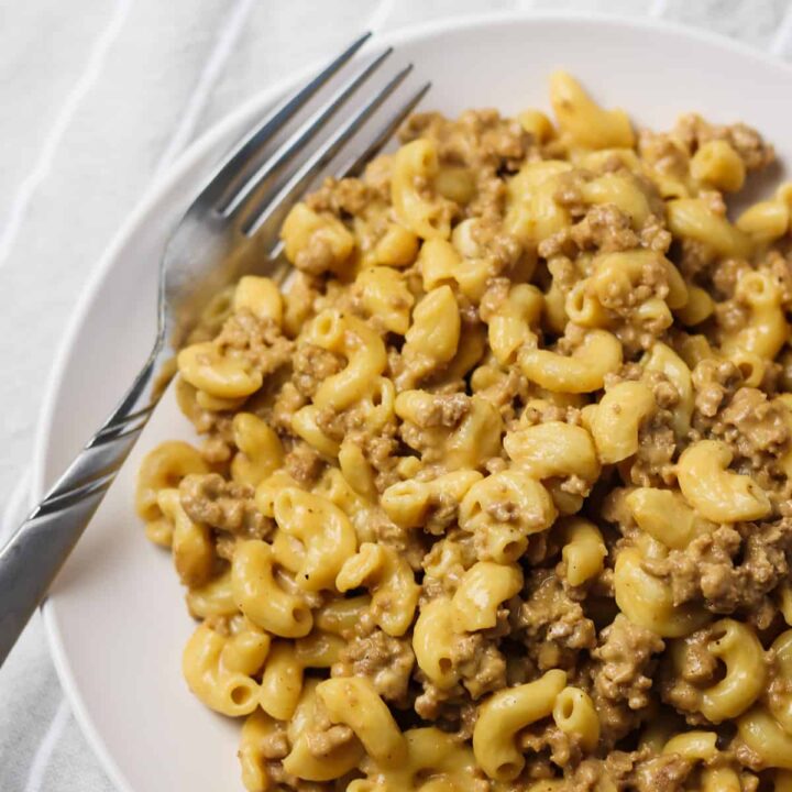 instant pot hamburger helper on plate with fork